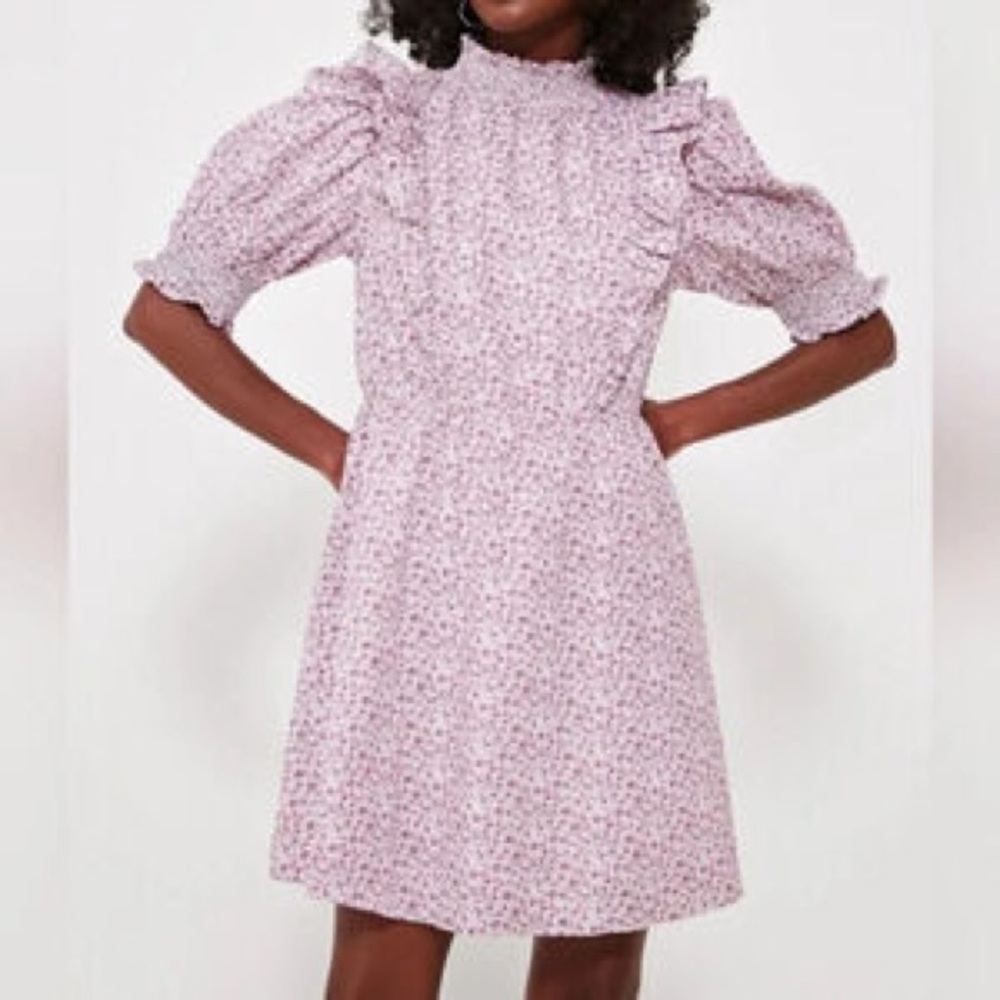 Smocked High-Neck Mini Dress in Light Lilac Floral